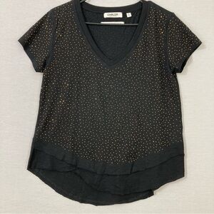 CHRLDR Cheerleader Black Gold Polka Dot V Neck Stretch Casual Top Small